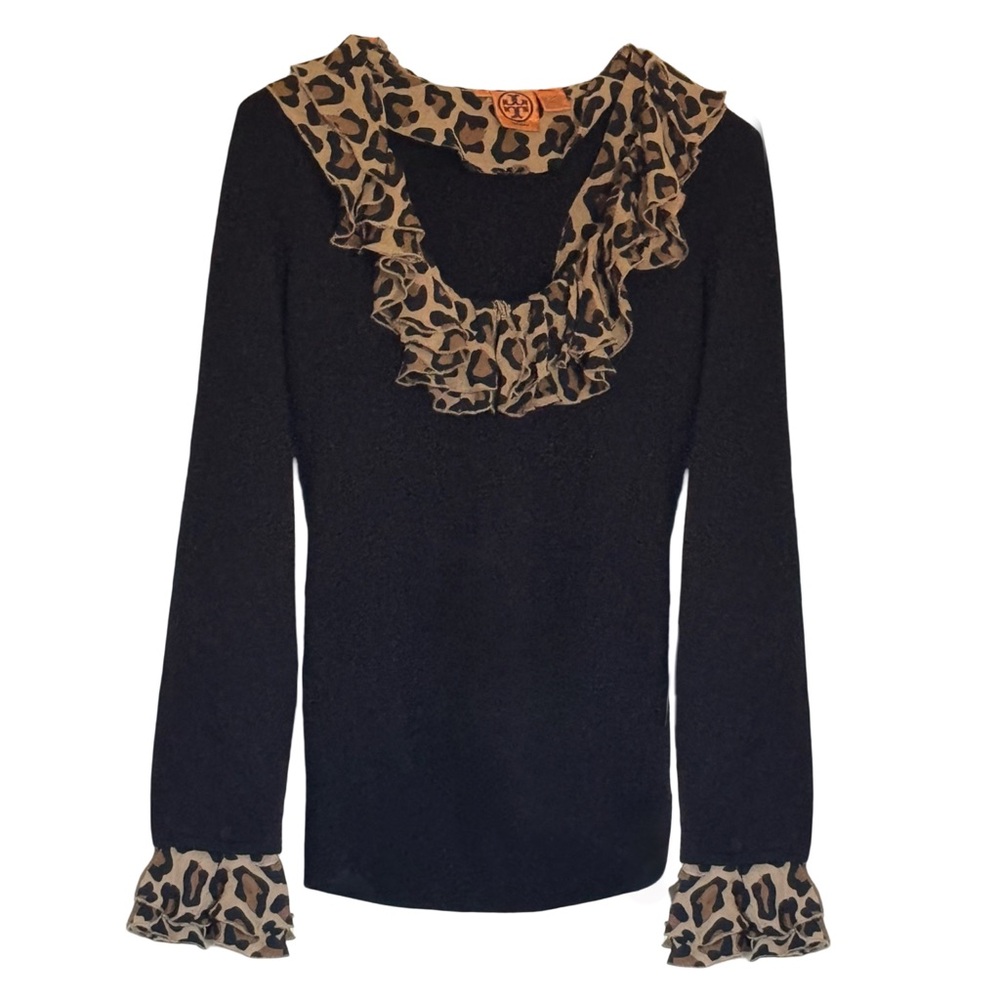 TORY BURCH • Leopard Print Ruffle Black Sweater Top
